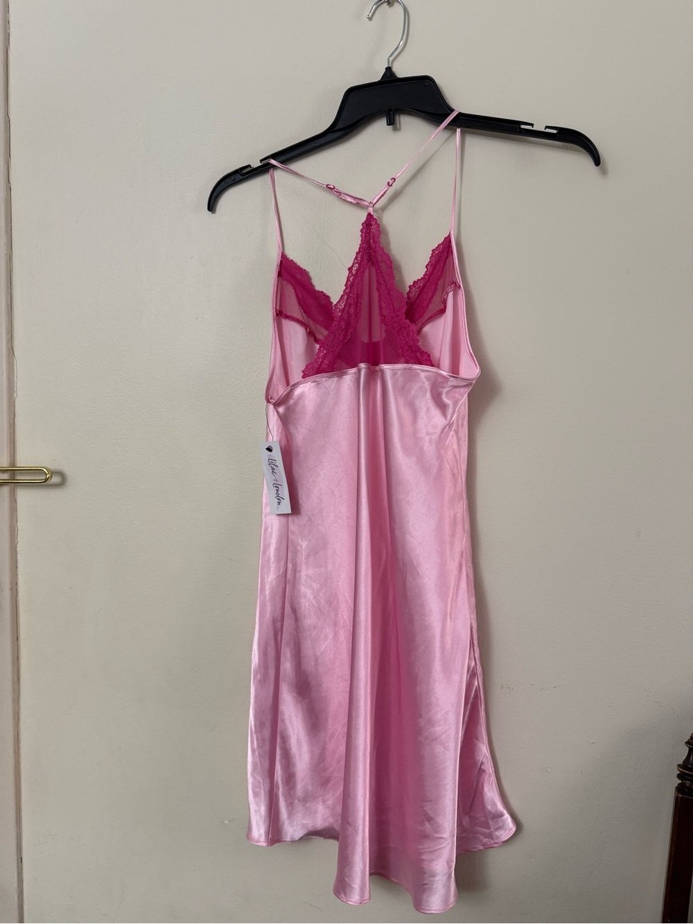 Pink Satin Slip Chemise with Fuchsia Lace Trim - Picture 6 of 9